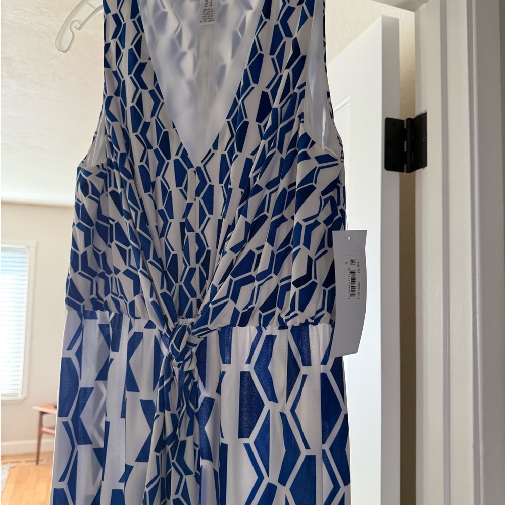 London Times Blue and White Geometric Maxi Dress, NWT